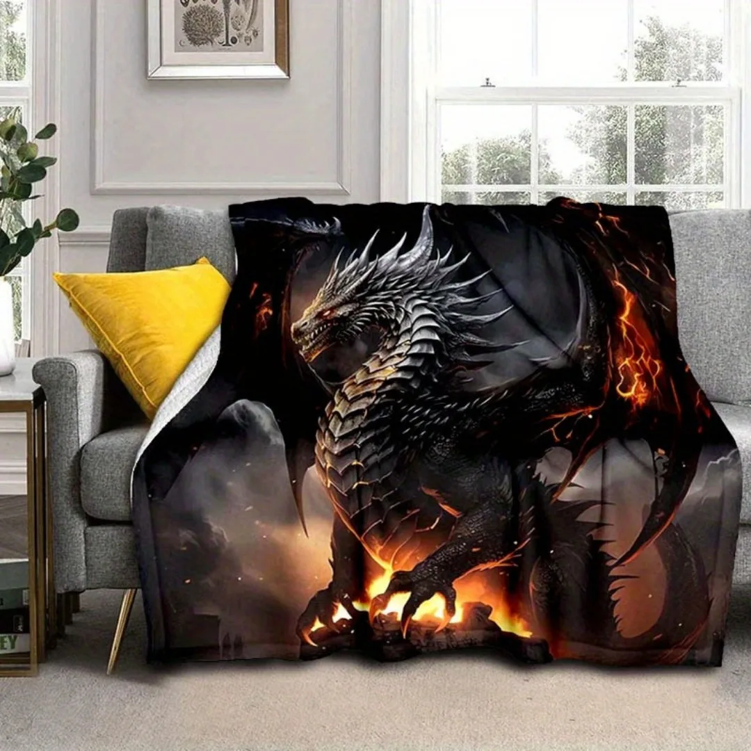 Ultra-Soft 3D Black Dragon Print Flannel Blanket - Vibrant Fantasy Design with Fiery Effects, Perfect for Bed, Sofa, Office