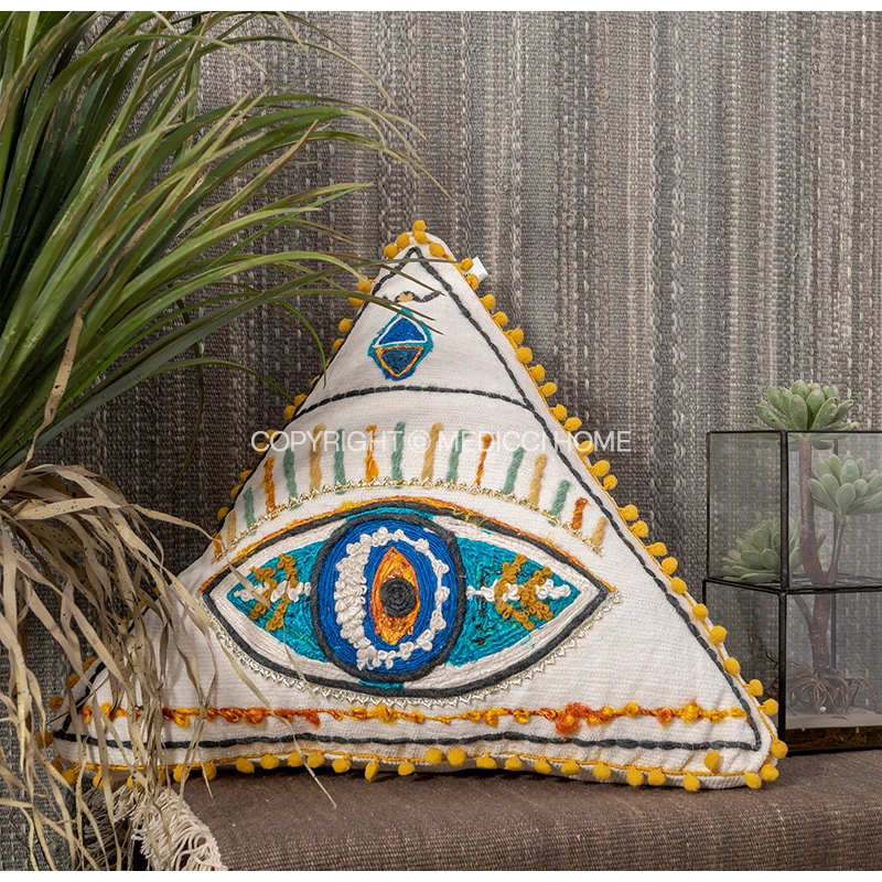 Medicci Home Sequin Evil Eye Design Boho Cushion Cover Luxury Embroidered Triangle Throw Pillow Cover With Yellow Pom-Pom Trim
