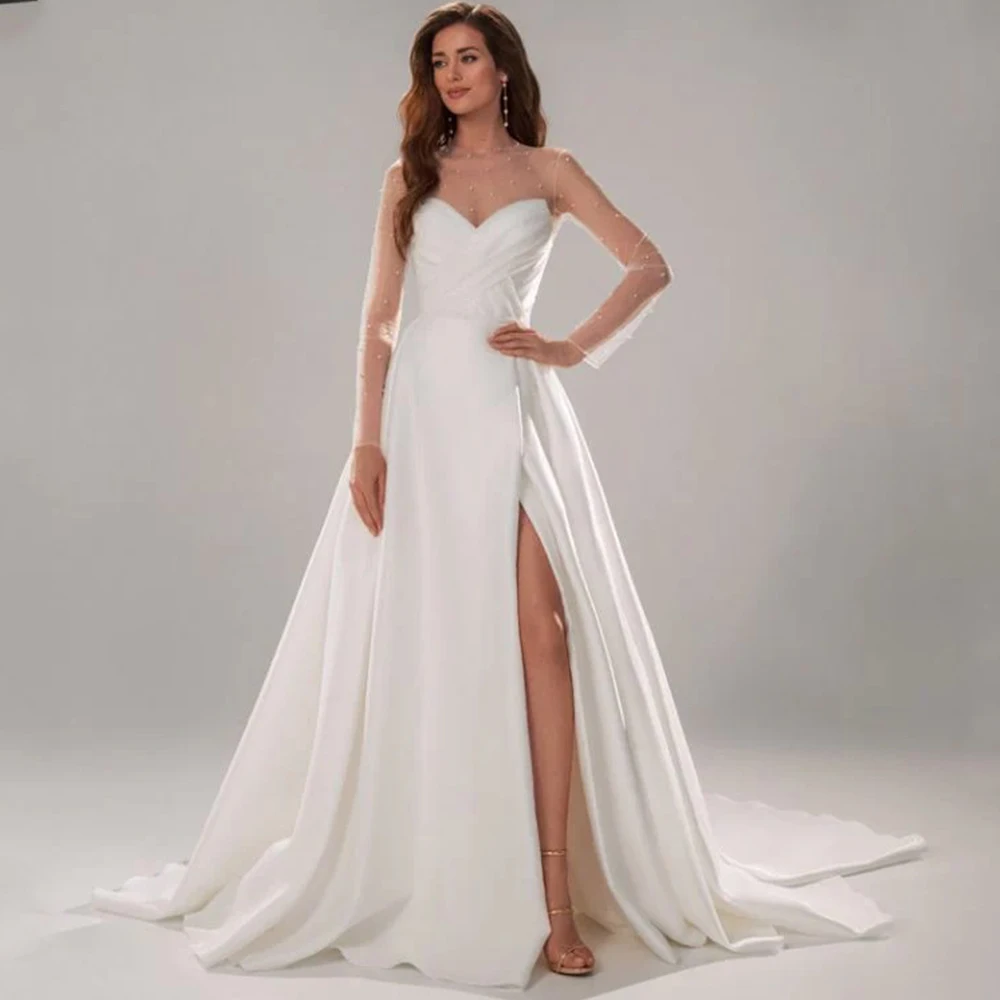 

O-Neck Illusion Long Sleeve Wedding Dress With Pearls and Pleat A-Line Sexy Side Slit Bridal Sweep Train Custom Made Gowns