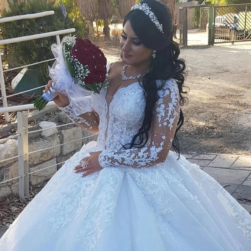 

Luxury Ladies Lace Wedding Dress Princess Bubble Long Sleeve Bridal Dress Plus Size Arabian Dubai Dress Vestido de Noiva 2023