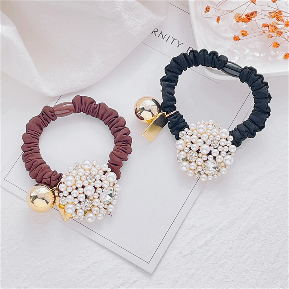 Fashion Pearl Crystal Hair Rope Luxury Rhinestone Bowknot Elastic Hair Band for Women Girls High Ponytail Headband Accessories