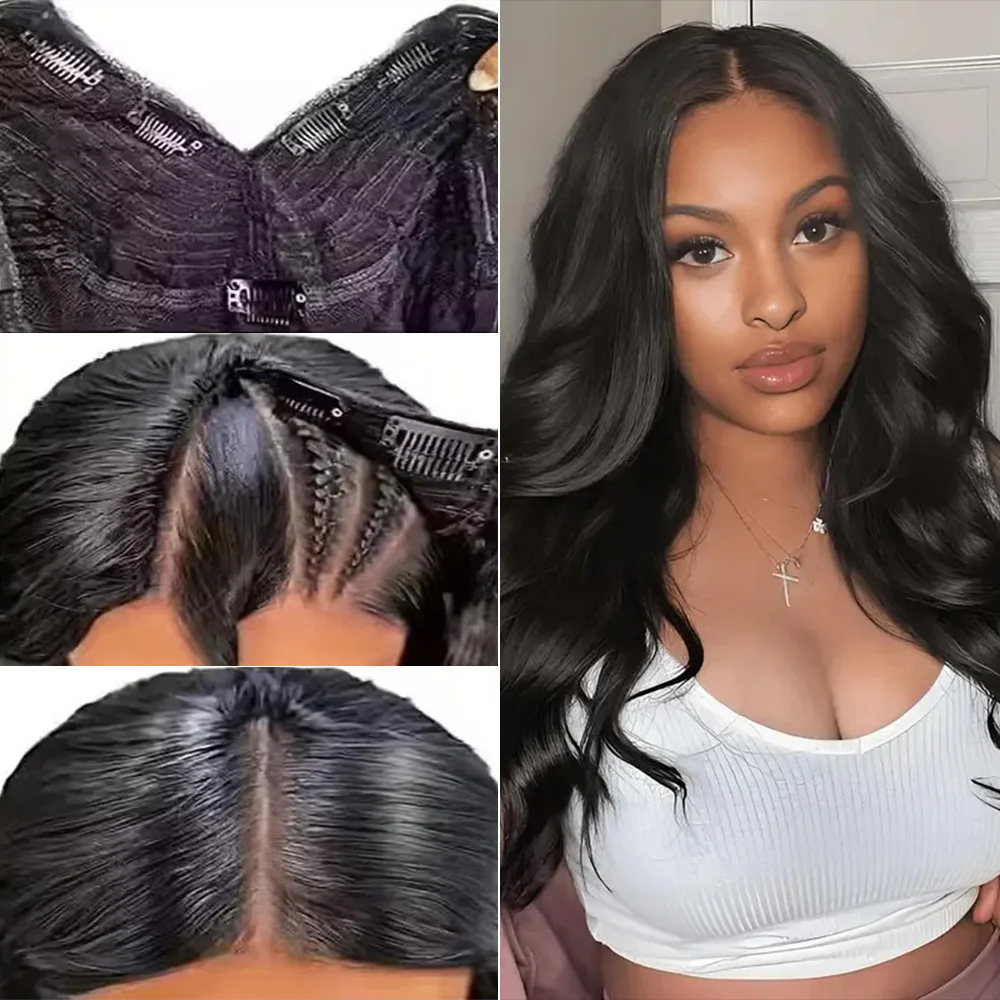 

Накладной парик из натуральных волос Body Wave без клея, V-образный, 200% плотность, натуральный цвет, без необходимости оставлять свои волосы, машинная работа, для женщин, 12-32 дюйма