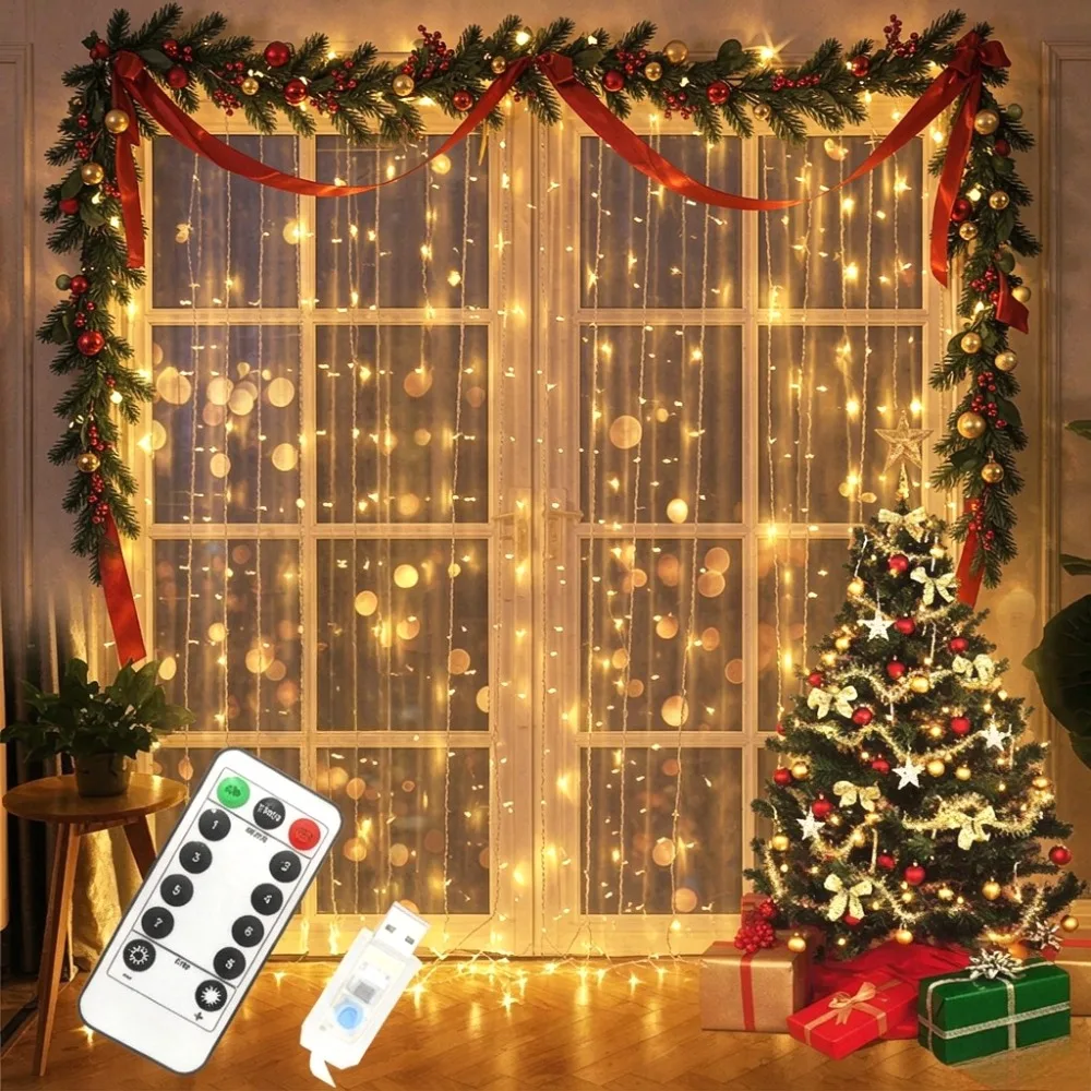 LED Curtain Fairy Lights USB Powered Remote Control Warm White for Window Bedroom Wall Christmas Decor