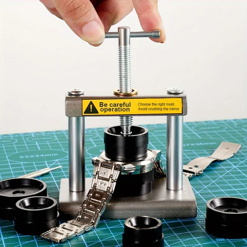 Imagen 2 del producto Juego de máquina taponadora de Metal para reloj, relojes de pulsera de escritorio, cubierta trasera, tornillo de prensa, herramientas de reparación manual para relojeros, 12 Uds.
