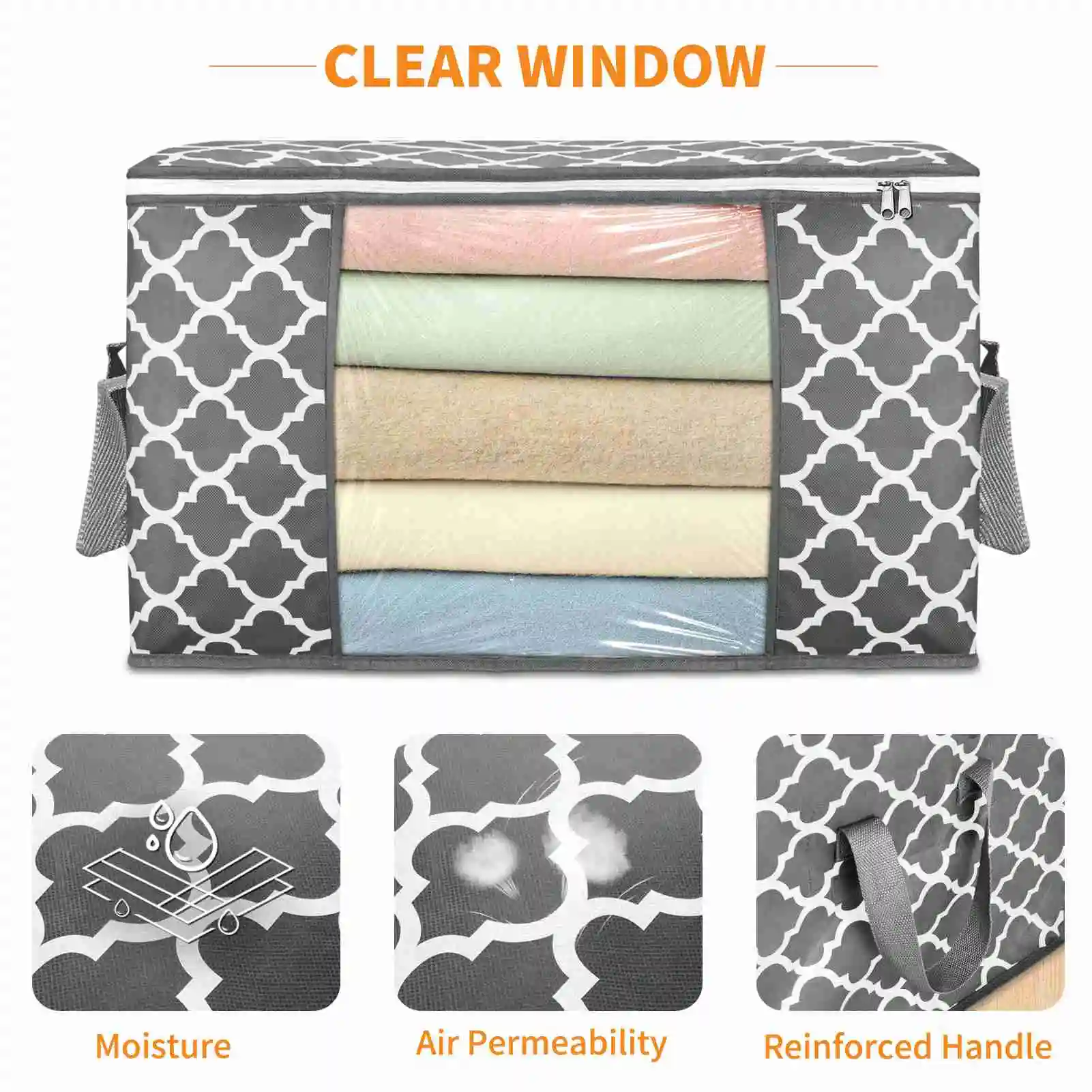 

Clothes storage bag printed with 2 pieces of gray color for storing clothes, blankets, toys, bedding