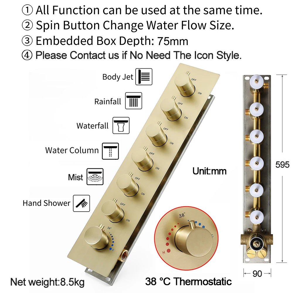 M Boenn 638*338mm Hotel Emotional Appeal Dual Shower Together Bathroom Faucet System Gold Thermostat Mixer Rainfall Shower Head