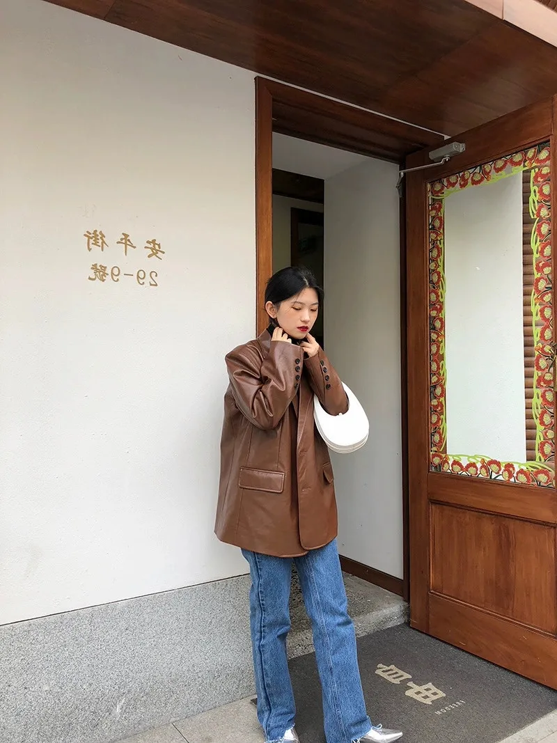 Lose Beiläufige Braun Leder Jaet frauen Frühling Herbst Neue Sle Koreanische Version Retro PU Anzug Mantel Lange Sve pendeln