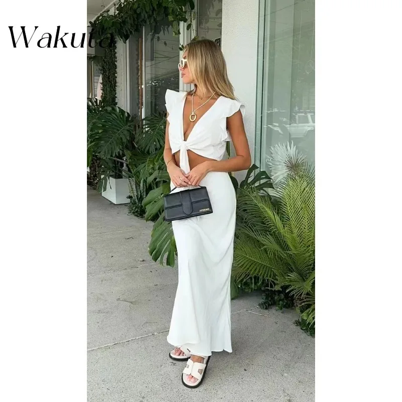 

WAKUTA American Retro V-neck Sleeveless Solid Color Tanks Lace Up Ruffle Edge Hip Hugging Skirt Two-piece Set Beach Y2K Clothes