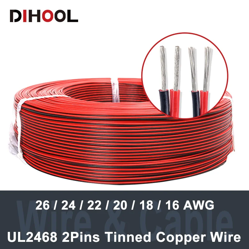 

2 Pins Tinned Copper Wire 26/24/22/20/18/16AWG Cable Super Soft Red&Black Internal Wiring of Electrical Equipment