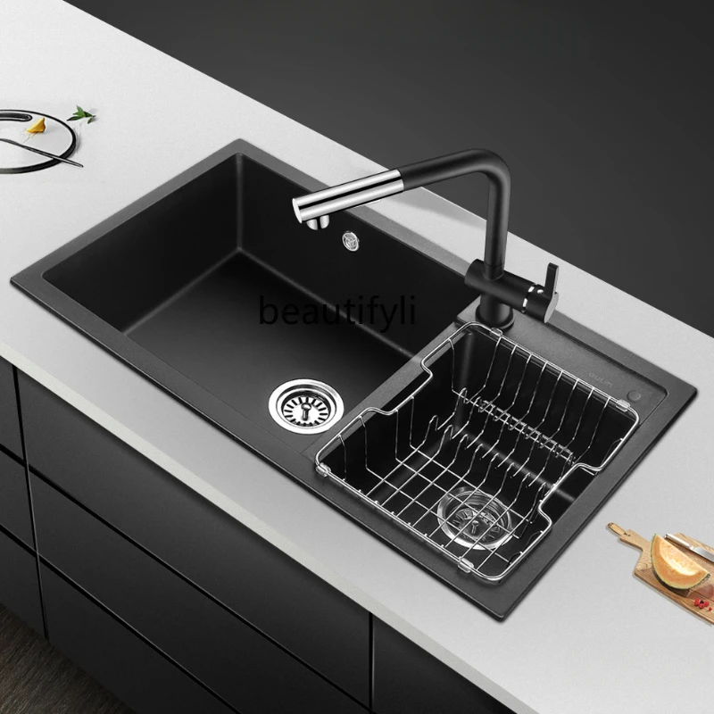 

Quartz Stone Double-Slot Sink Scratch-Resistant Oil-Resistant Black Stone Trough Vegetable Washing Dishpan