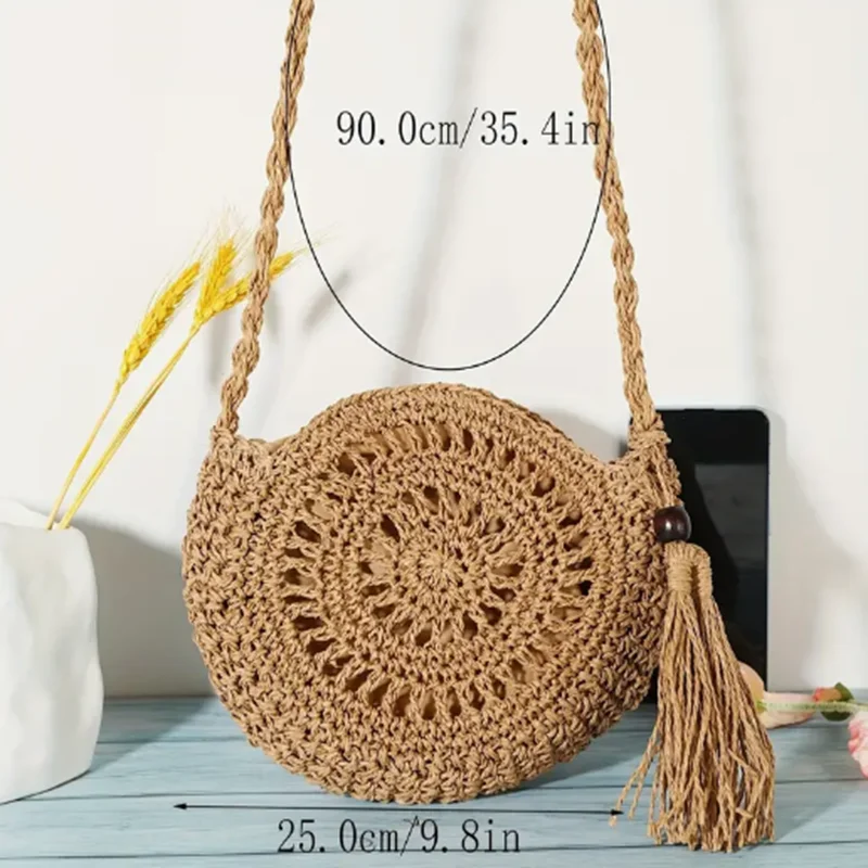 Fashion Hollow Out Shoulder Bags Casual Straw Crossbody Small Round Bag Purse Tassel Messenger Handbags bolsa feminina view 4