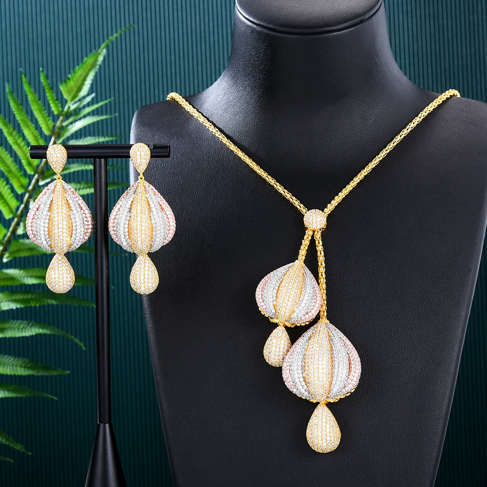 GODKI Big Fashion Luxury Ice Cream Lariat Necklace Earring Sets For Women Wedding Party Full Zircon Dubai Bridal jewelry Set