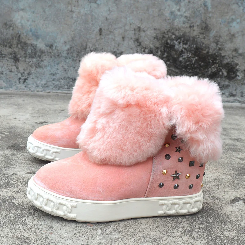 

Fashion Inner Wedge Pentastar Rivets Studs Wool Fur Snow Boots Women Suede Side Belt Buckle Hidden Heel Winter Fur Boots