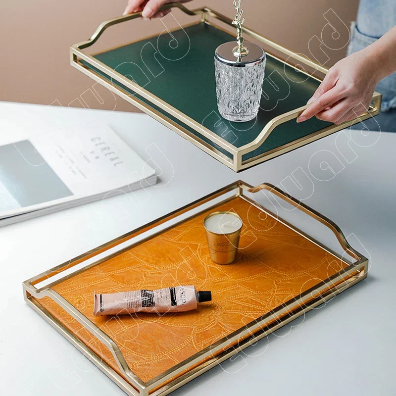 

Storage Trays Nordic Style Tea Trays Household Use Leather Metal Tea Trays Creative Style Decoration Storage Trays Household Use
