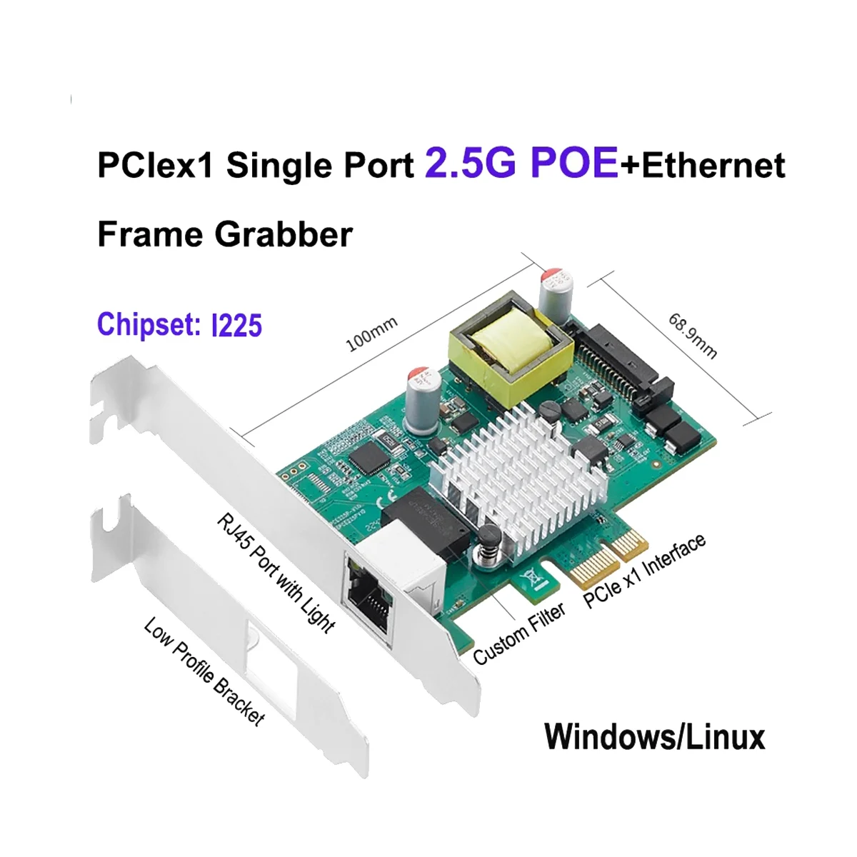 AT87-PCIE to 2.5G POE Gigabit Card Single Port RJ45 Gigabit PCIe X1 PoE+ Ethernet Network Card Frame 802.3At I225 Chip