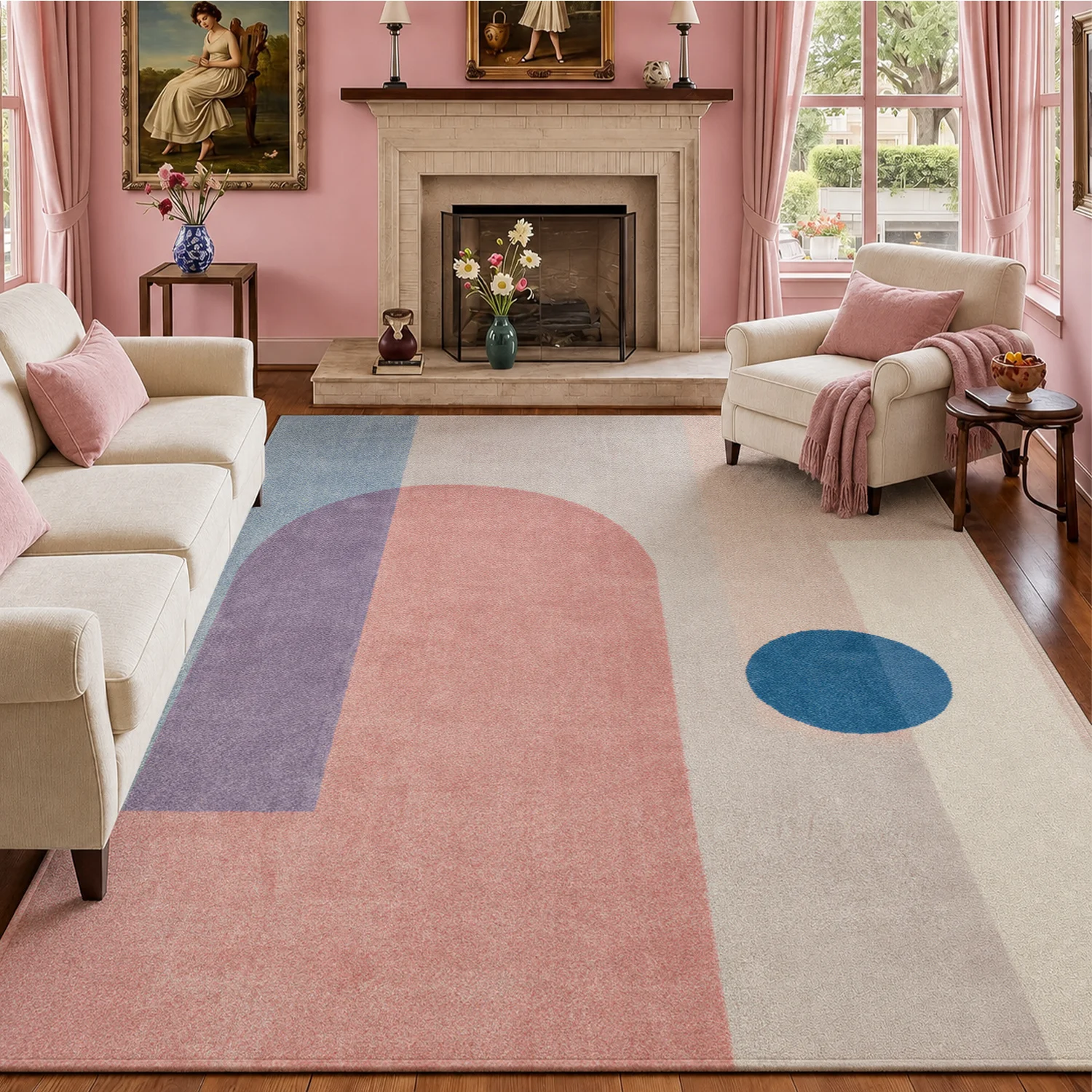Large Indoor Area Rug, Soft Velvet Low Pile with Non-slip Dotted Backing, Machine Washable Modern Geometric Blush Pink & Light Blue Accent Rug for Living Room, Bedroom, Home Decor