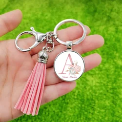 DIY Name Flowers Letter Keychain for Women 26 Alphabet Glass Picture Handmade Pink Black Tassel Key Chain Bag Charms Gift