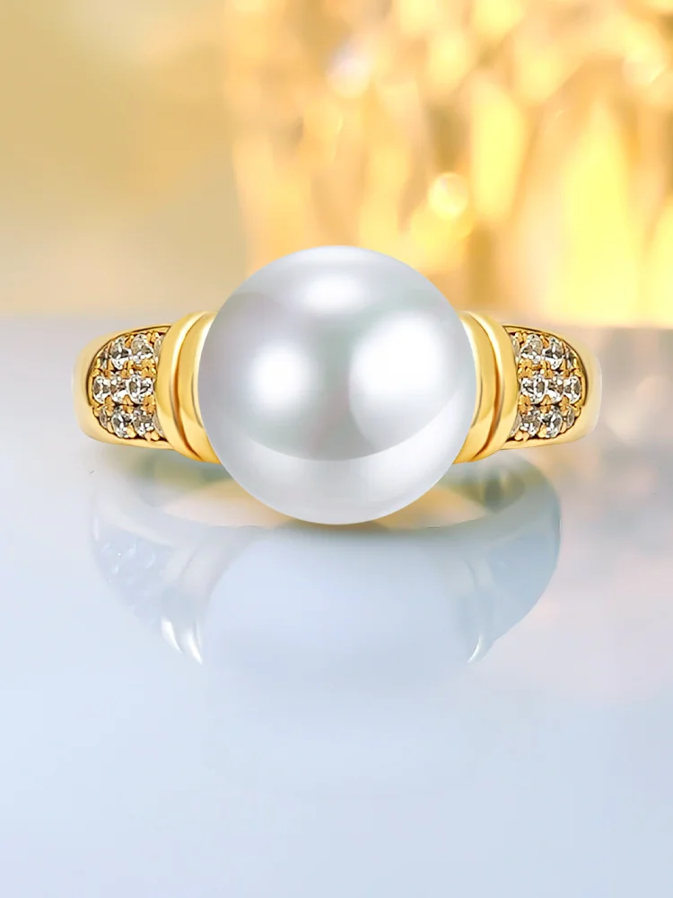 Light luxury 925 sterling silver pearl plated yellow gold ring set with high carbon diamond temperament, niche hot selling