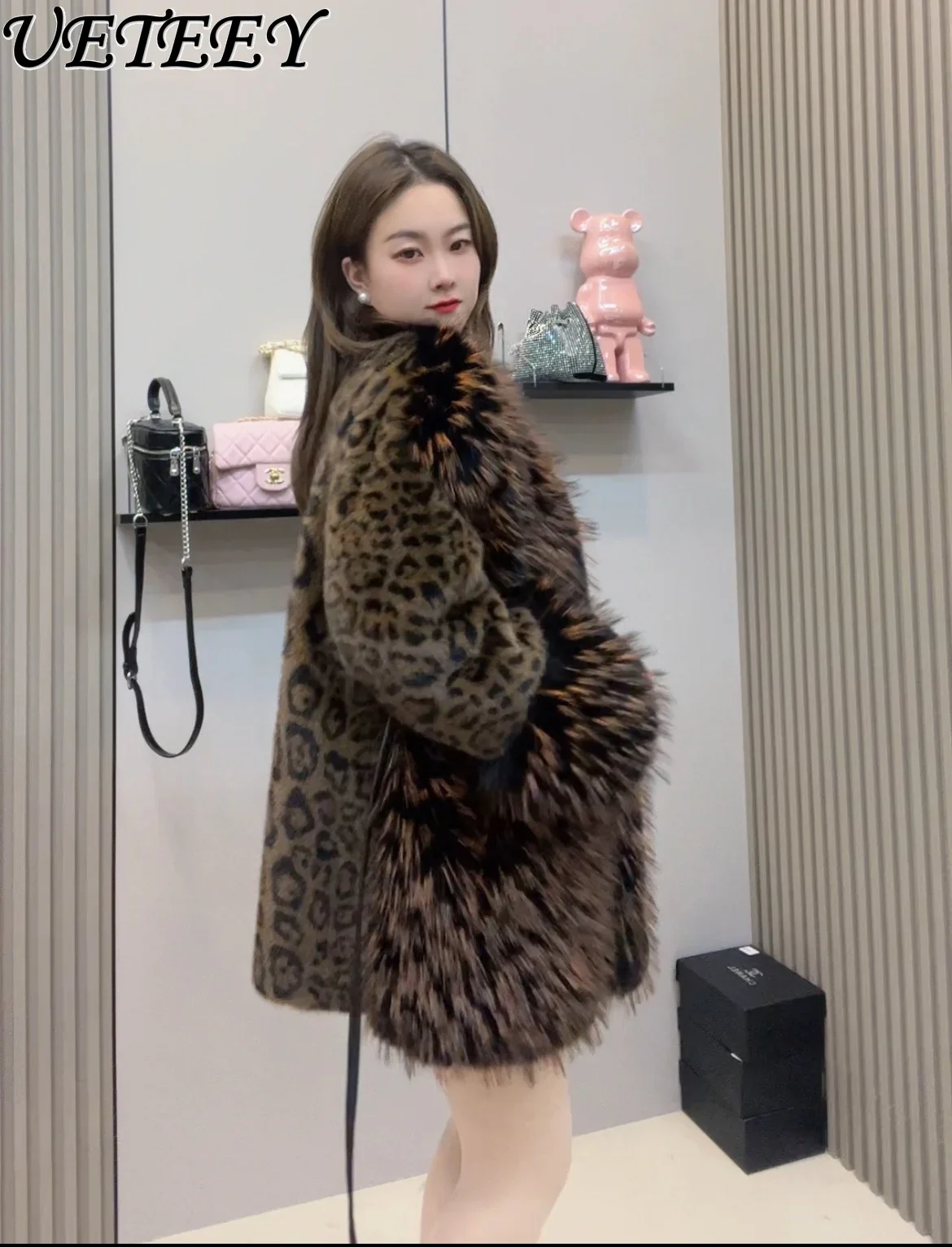 Autumn Winter New Sexy Fashion Fluffy Jacket Temperament Girls Versatile Leopard Print Straps Foreign Loose Imitation Fur Coat