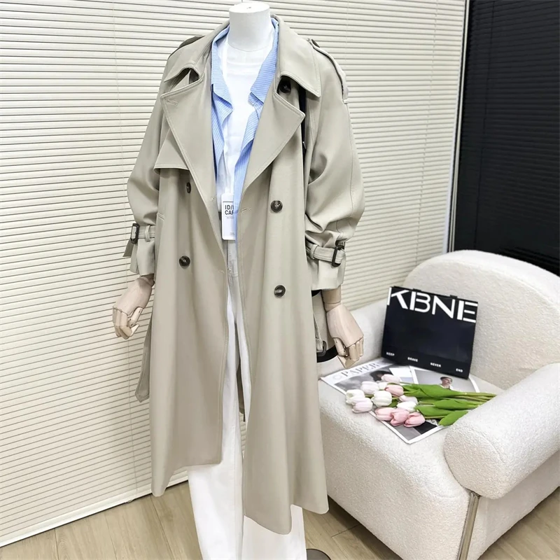 Women Trench Coats Light Gray Windbreaker Jackets Women's Long Section Autumn 2025 New Fashion British Style Suit Collar Button