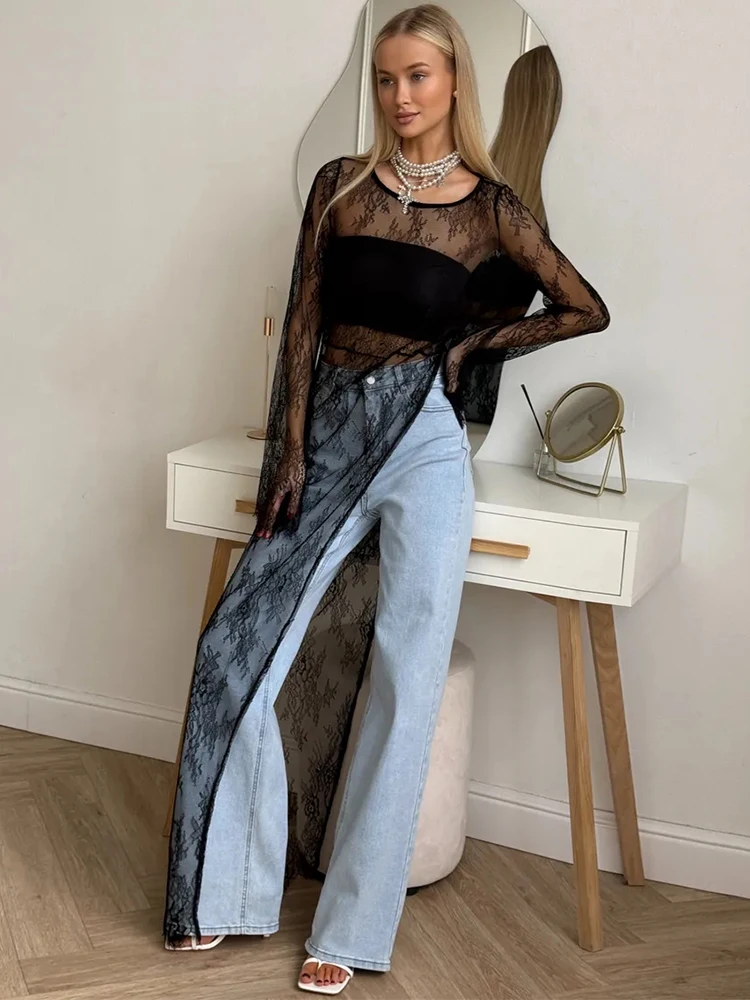 Trendix-vestidos transparentes sexis para mujer, vestido camisero de manga larga con bordado calado para fiesta, vestido asimétrico de encaje para discoteca 2026