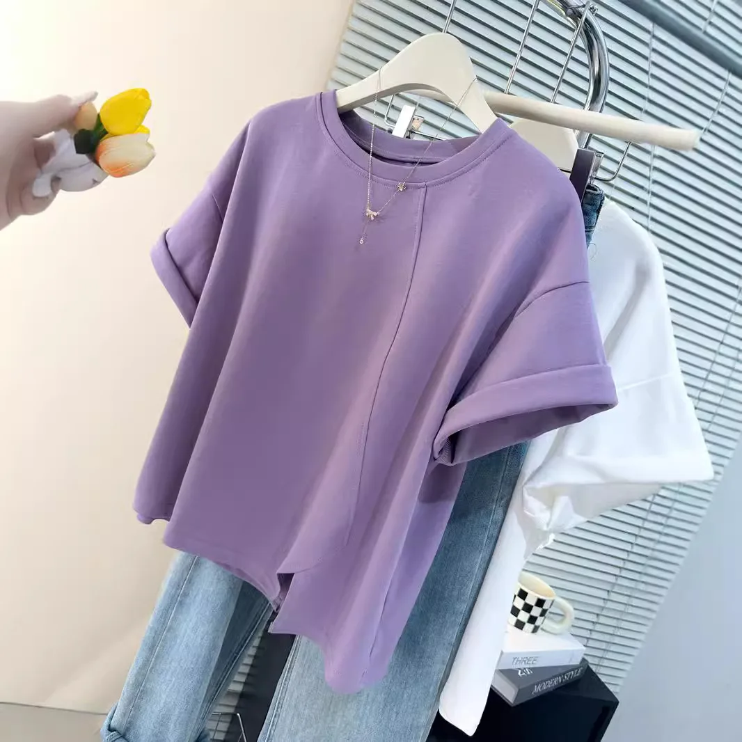 Lavender Purple Irregular Split Hem Rolled Short Sleeve T-Shirt Women Crew Neck Loose Casual Basic Tee