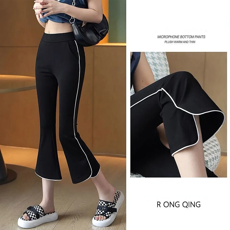 Summer High Waist Patchwork Casual Split Micro Flare Sweatpants Plus Size Calf Length Pants Simplicity Fashion Women Clothing