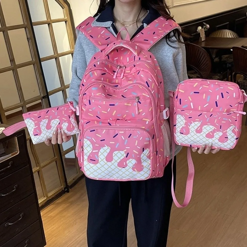 Oxford Fabric Ice Cream Printed Backpack Set with Pencil Case with Crossbody Bag Bookbag Lightweight Matching Tote Bag Travel