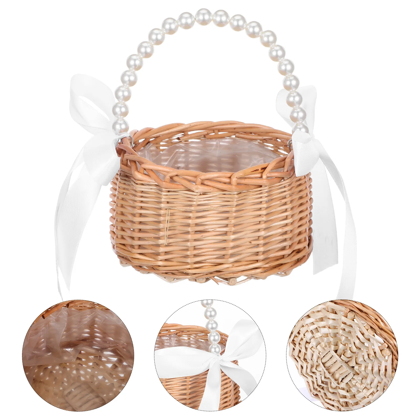 Flower Girl Basket Imitation Pearl Handle White Ribbon Handwoven Rustic Wicker Rattan Wedding Ceremony Decoration