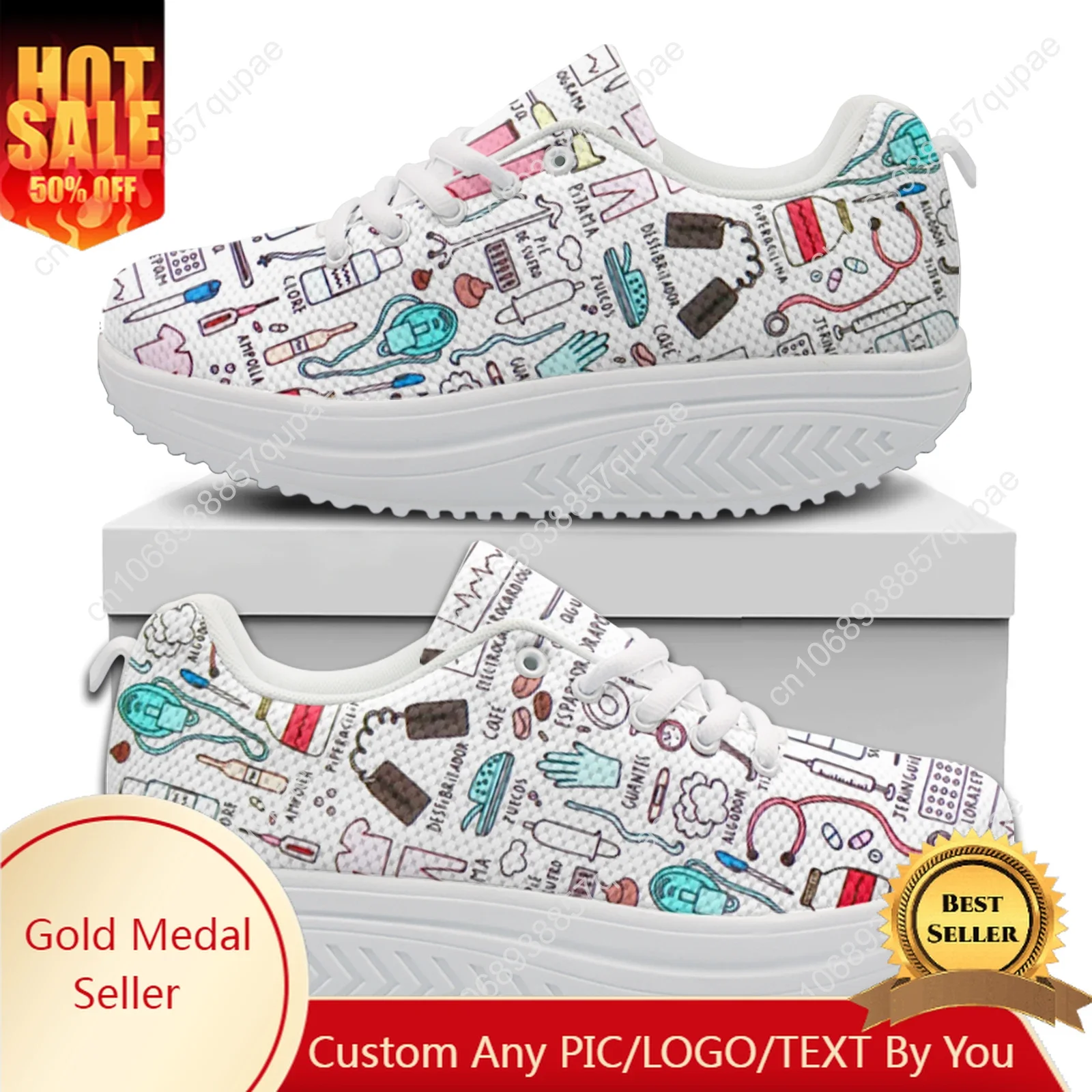 

Pink Cute Cartoon Nurse Pattern Women's Fashion Casual Rocking Shoes Lace-up High Quality Height-increasing Shoes Custom Shoes