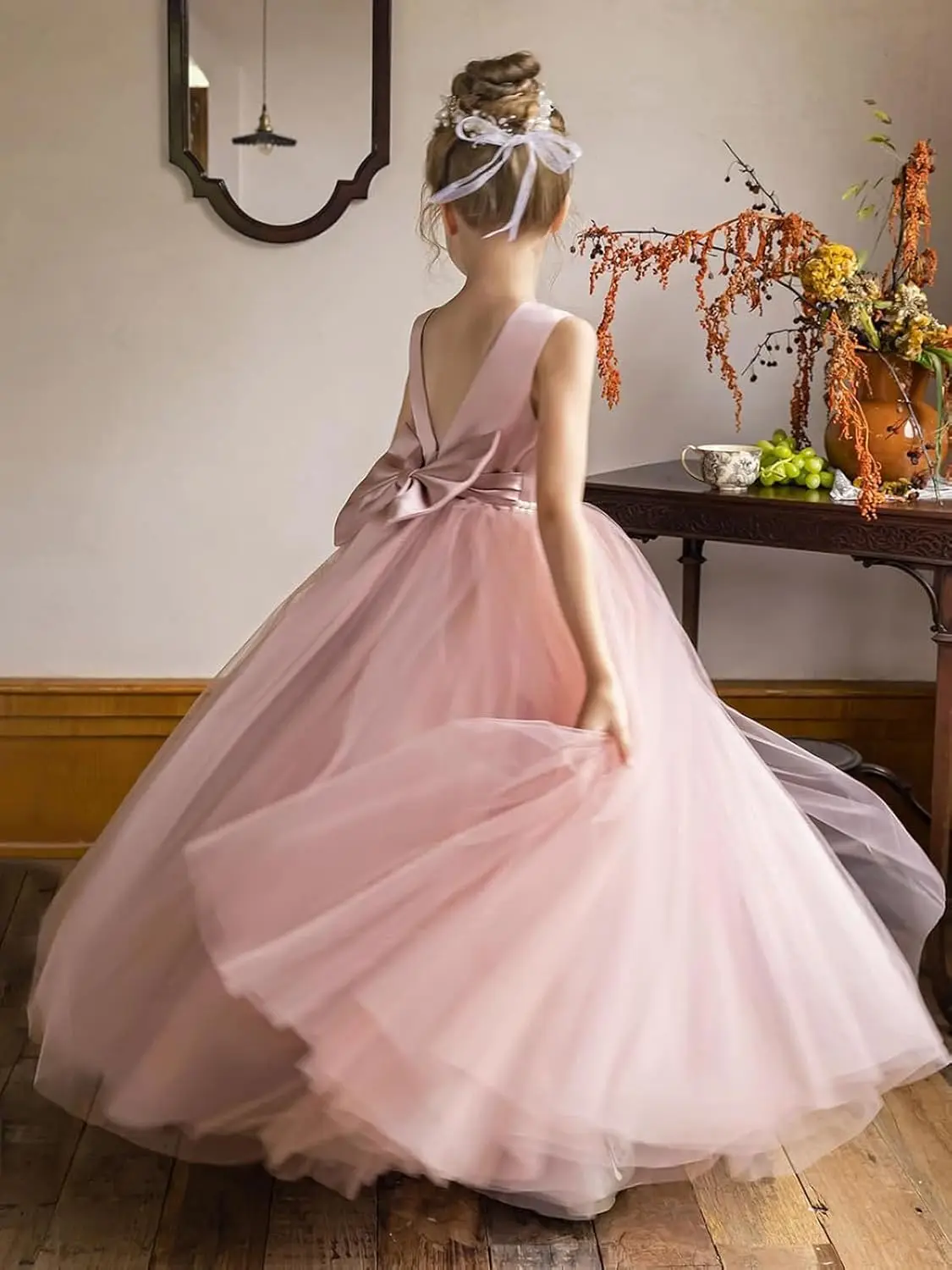 Bloemenmeisje satijn chiffon prinses schoonheidswedstrijd verjaardagsfeestje dansjurk bruiloft kinderen parel communiejurk met vlinderdas