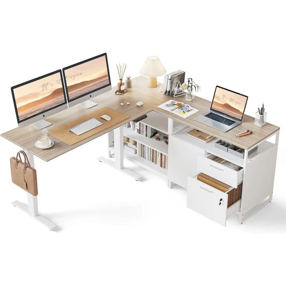 

66 Inches L Shaped Standing Desk with Drawers & Shelves, Executive Desk Adjustable Height Desk, Light Walnut Top/White Fr