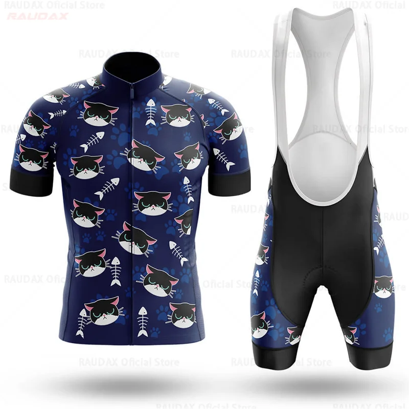 Men\'s Cycling Clothes Funny Cartoon Cat Summer Short Sleeves Cycling Jersey Set Breathable Quick Dry Sportswear Maillot Ciclismo