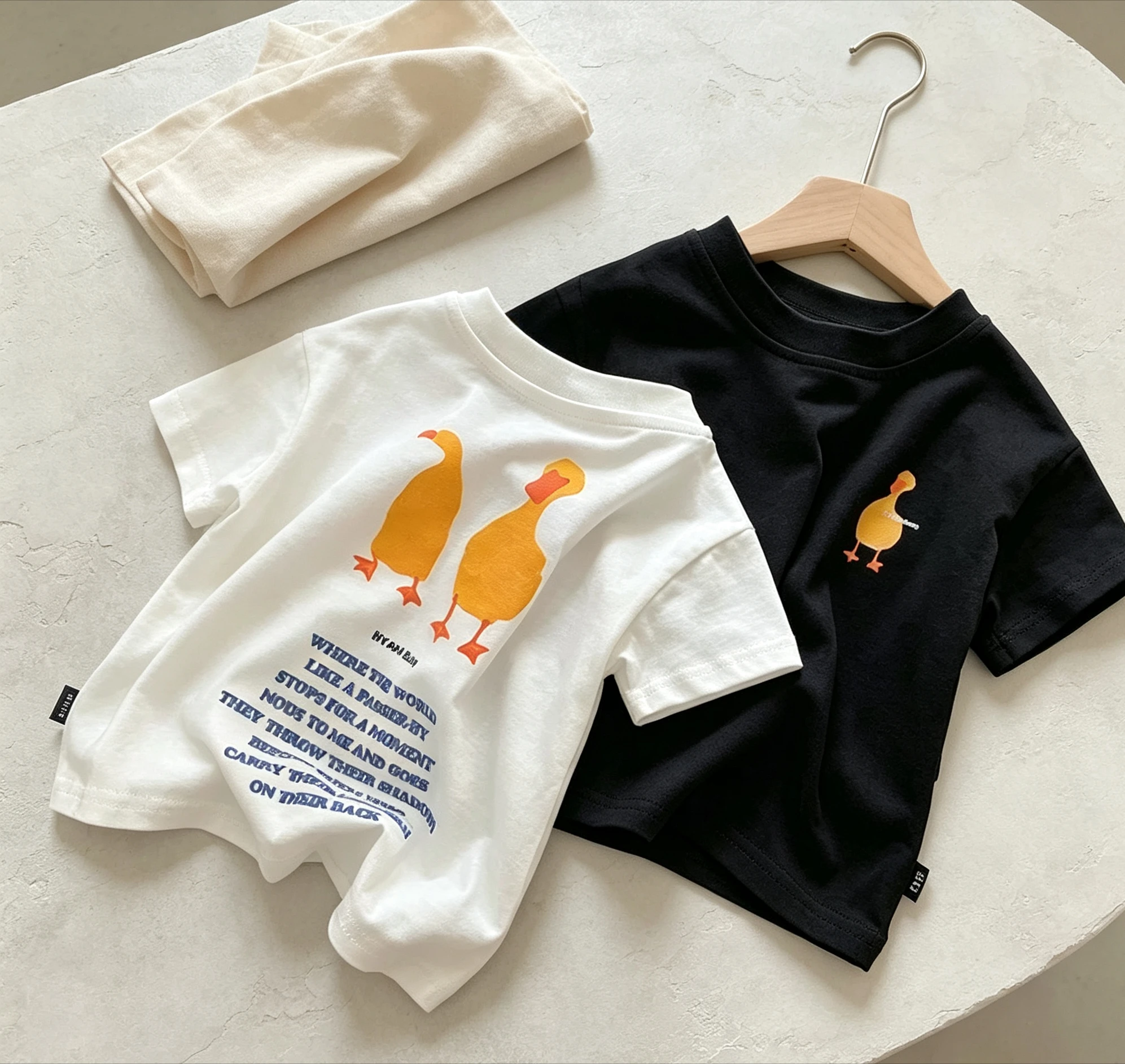 2026 Kids' Casual T-Shirt for Boys, Loose-Fit Solid Color with Letter and Duck Print, Short-Sleeve Cotton Top for Children