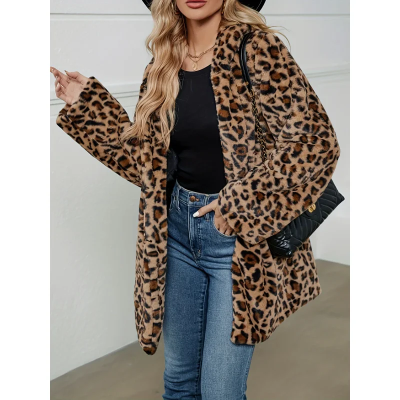 2024Leopard Print Stud for Autumn and Winter Fashion Temperament Imitation Fur with Pockets Loose Woolen Coat