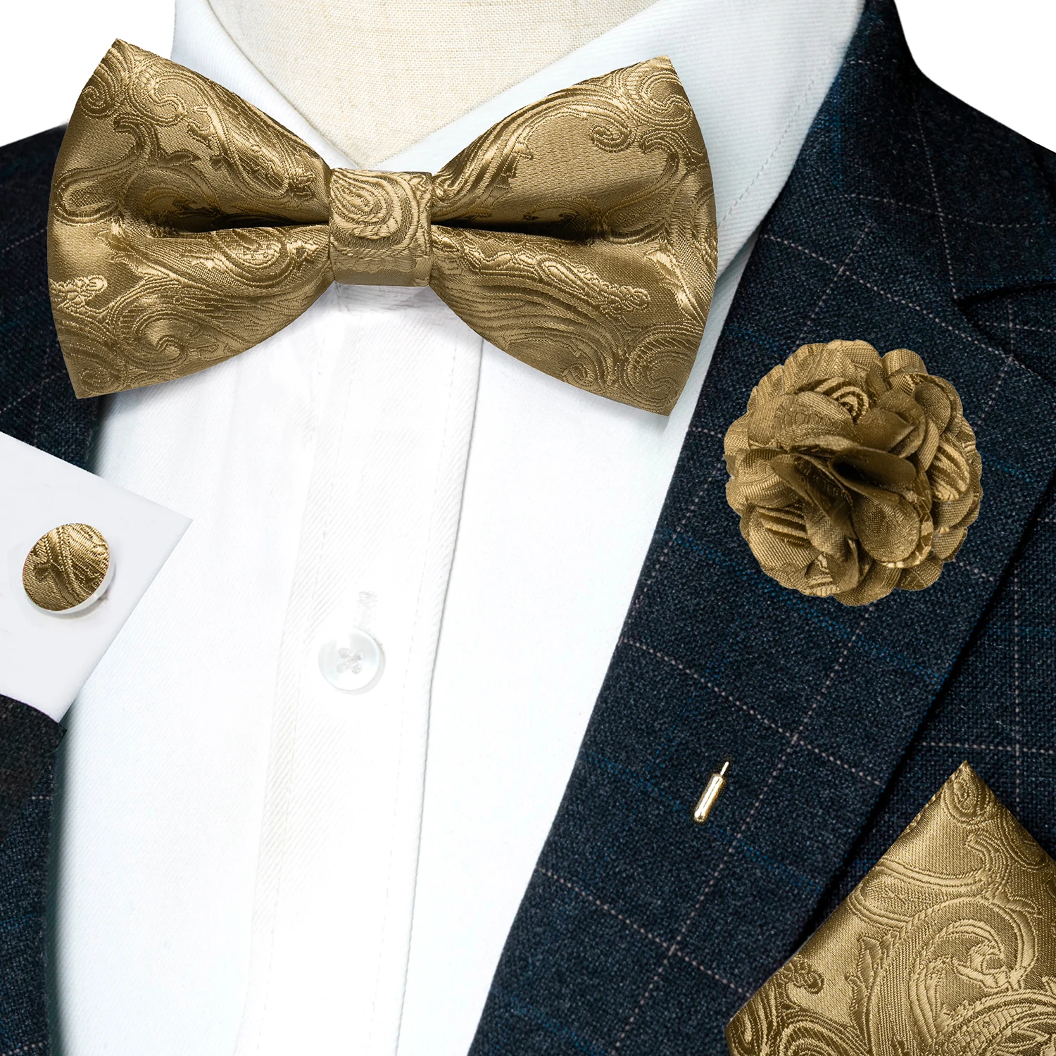 Klassische Herren-Fliege, brauner Jacquard, Paisley-Fliege, Einstecktuch, Manschettenknöpfe, Broschen-Set, Hochzeit, Party, Schmetterlingsknoten, Geschenk, Herren-Accessoires