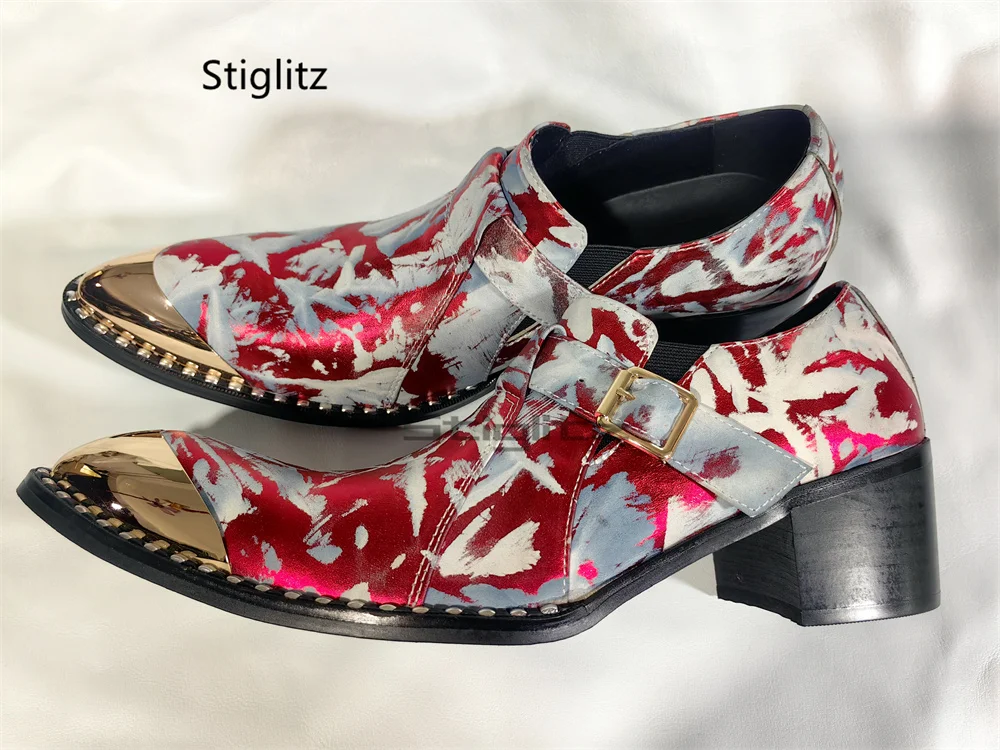 Men's Red White Floral Print Leather Shoes Golden Metal Pointed Toe Block Heel Buckle Strap Dress Wedding Shoes Big Size 37-48
