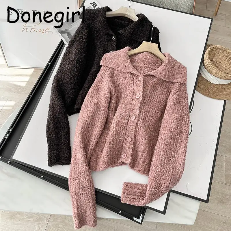 Donegirl Autumn Winter New 2024 Women Fashion Commute Solid Simple Lapel Knitted Sweater Single-breasted Cardigan Coat Female