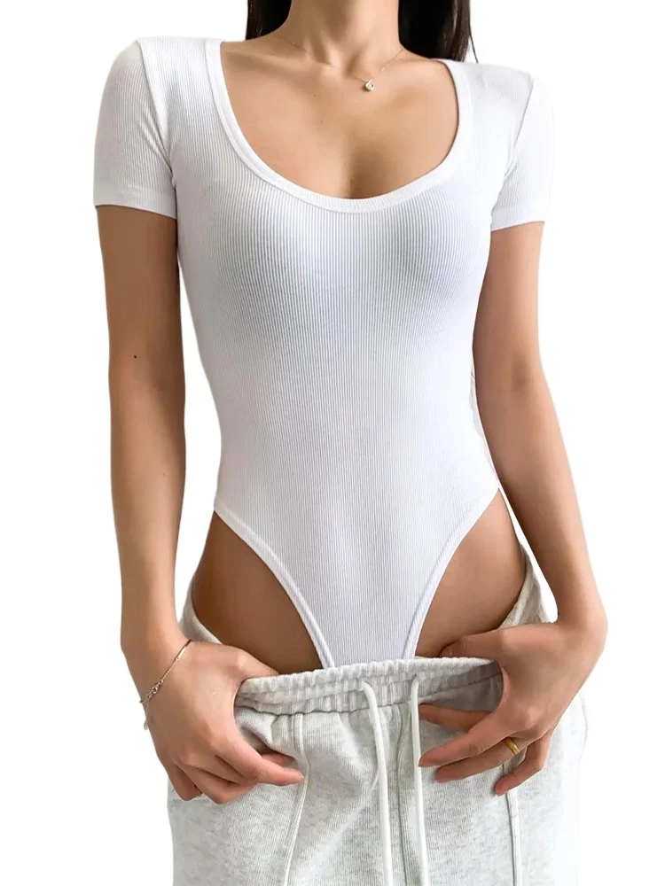 

Summer Short Sleeve U-neck Bodysuits Women Rib Knitted Elastic Slim Tops Jumpsuits