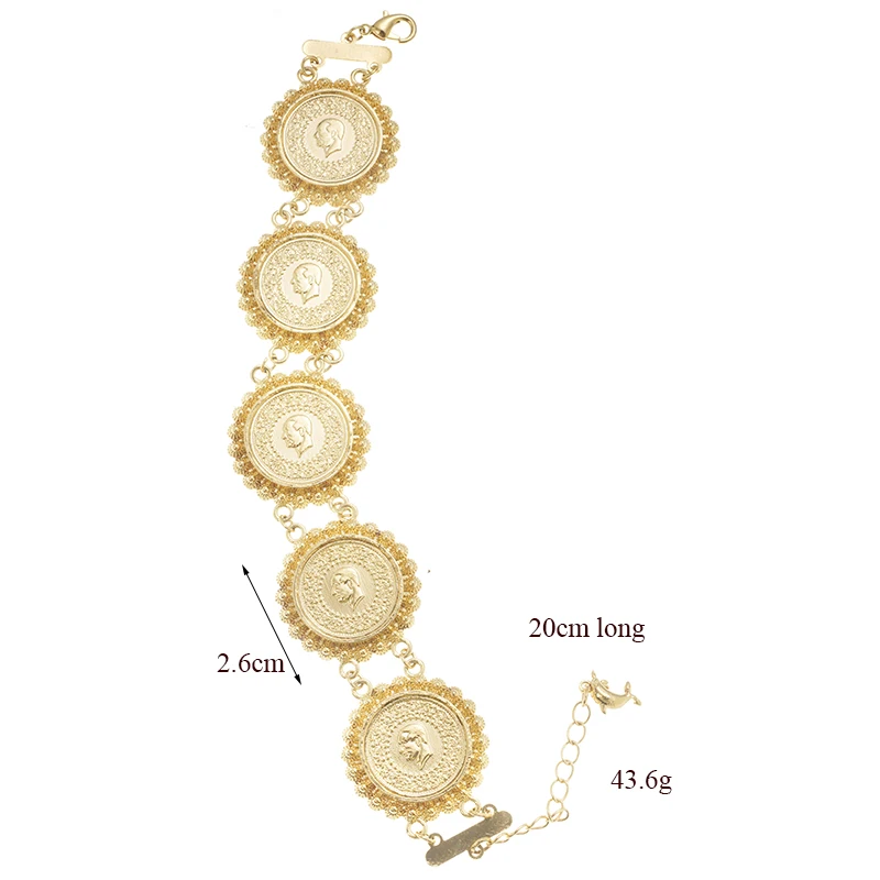 New Turkish Coin Chain Bracelet Gold Plated Arabic Totem Charm Bracelets for Women Luxury Bridal Gifts Ethnic Bridal Gifts