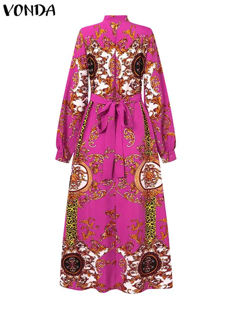 Plus Size 5XL VONDA Autumn Women Bohemian Maxi Dress Elegant Long Lantern Sleeve Printed Bow Tie Sundress Casual Party Robe Belt