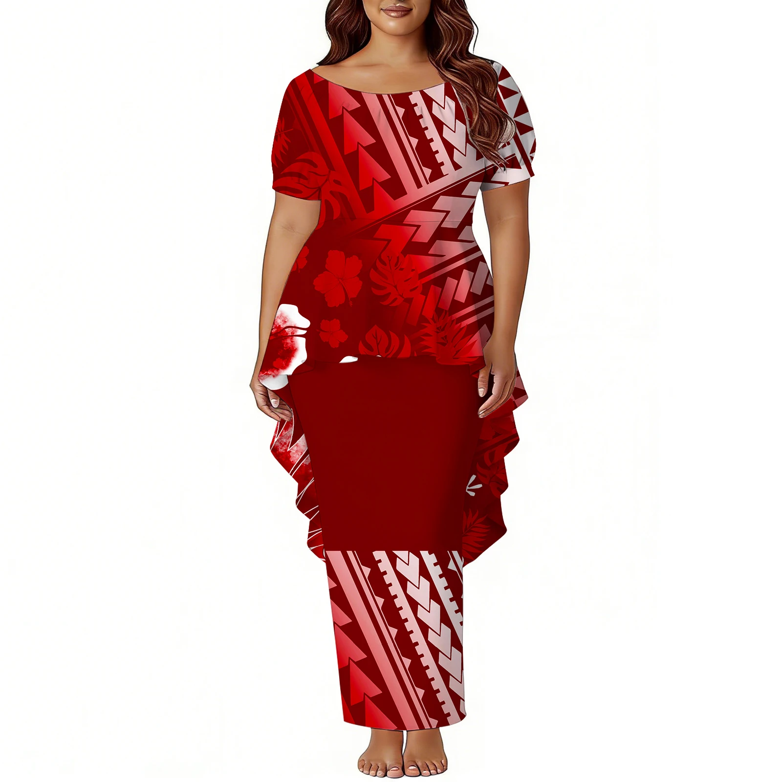 Vestido feminino personalizado padrão polinésia puletasi verão manga curta em torno do pescoço design rabo de andorinha topo e saia de fenda fina