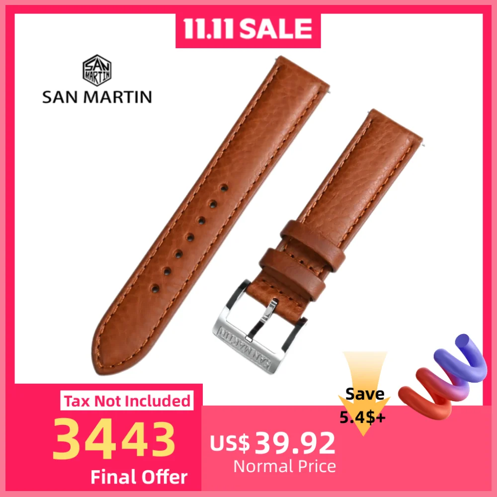 

San Martin 20mm Quick Release Vegetable Tanned Cowhide Leather Watch Strap General Type Natural Litchi Pattern BD0013