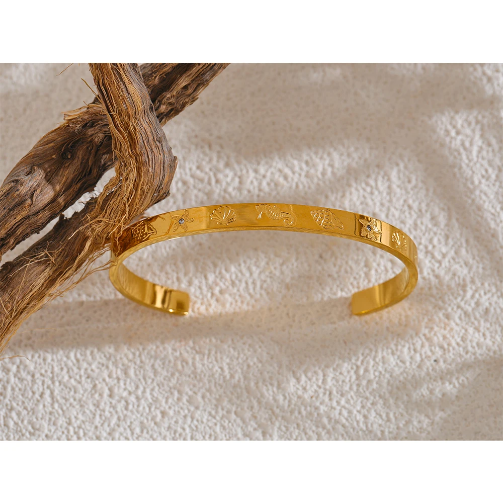 Yhpup Ocean Series Stainless Steel Shell Seahorse Starfish Conch Open Bracelet Bangle Tarnish Resistant Summer Holiday Jewelry