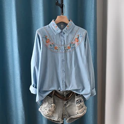 Harajuku y2k Denim Shirts Vrouwen Lente Tops Koreaanse Mode Lange Mouw Bloemen Borduren Denim Blouses Designer Jean Shirt