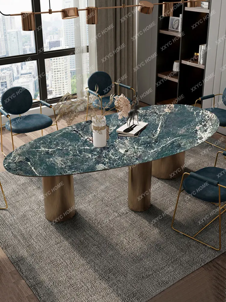 Italian Light Luxury Stone Plate Water Drop Dining Table Nordic Amazon Green Dining Table Designer Living Room Home Oval Dining