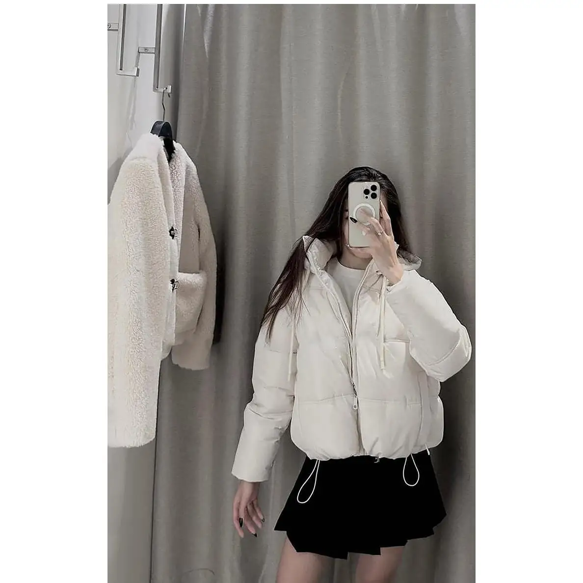 Jaet de algodón con capucha decorativa para mujer, ropa elástica azul con dobladillo cerrado, almacén de trabajo, Otoño Invierno, Faion