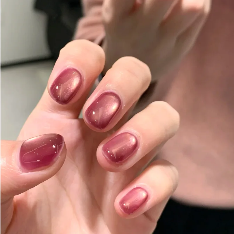 10pcs Dragon Fruit Handmade Nails Glass Bead Cat Eye Press on Nail Short Ladder Full Coverage Nail Tip for Women&Girl False Nail
