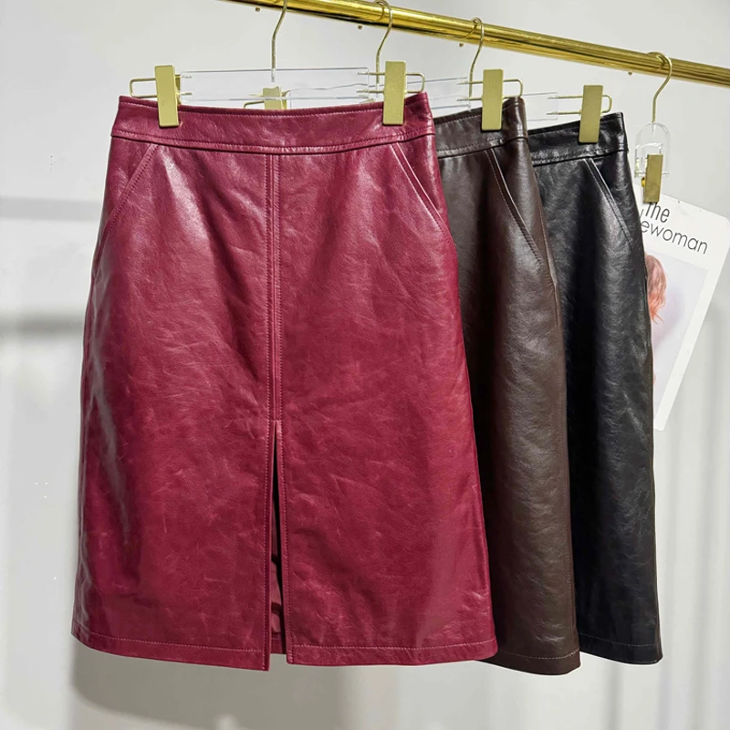 Oil Wax Slit Leather Skirt for Women High street Top Layer Sheepskin Front Split Wrap Jupe Femme Red Black Pencil Midi Skirt