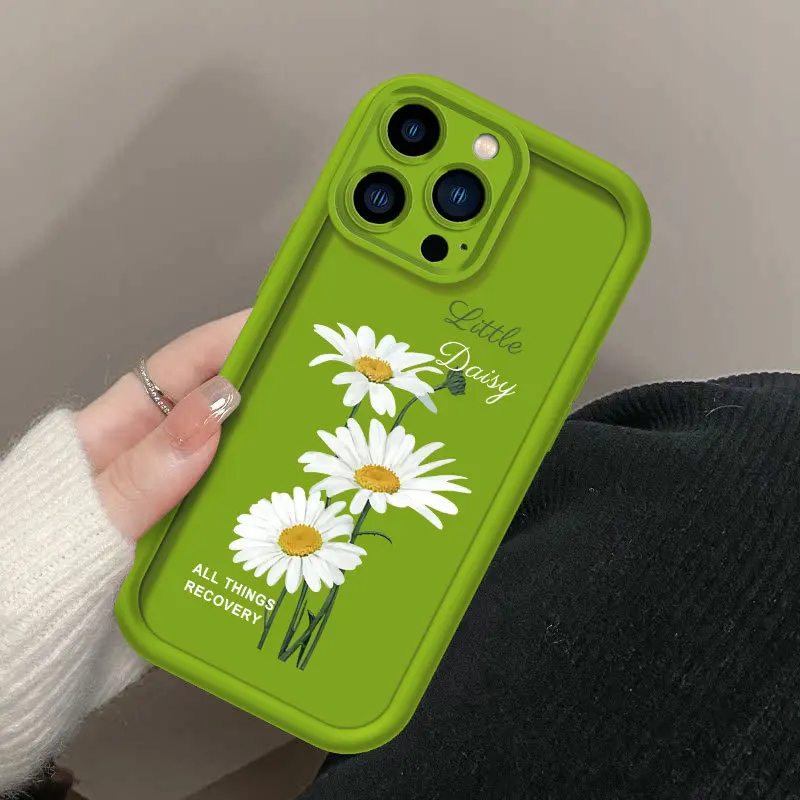 New white chrysanthemum Phone Case for iPhone 15 Pro Max 11 13 12 14 plus XS XR 8 SE Soft Shockproof Candy Lens protection Cover